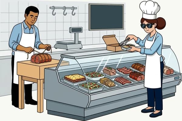 Boucher ficelant un rôti pendant qu'une cuisinière sert un plat cuisiné dans la vitrine réfrigérée d'une boucherie-charcuterie traiteur