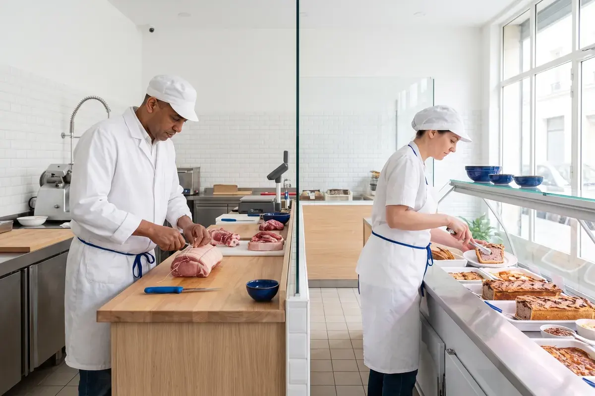 Boucher ficelant un rôti pendant qu'une cuisinière sert un plat cuisiné dans la vitrine réfrigérée d'une boucherie-charcuterie traiteur