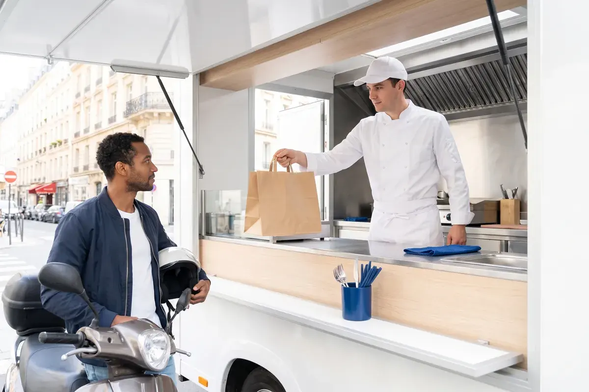 Cuisinière remettant un sac de commande à un livreur à scooter, au comptoir d'un food truck