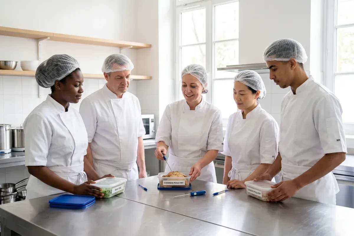 Stagiaires et formateurs autour d'une table inox pendant les heures de manipulation en centre de formation