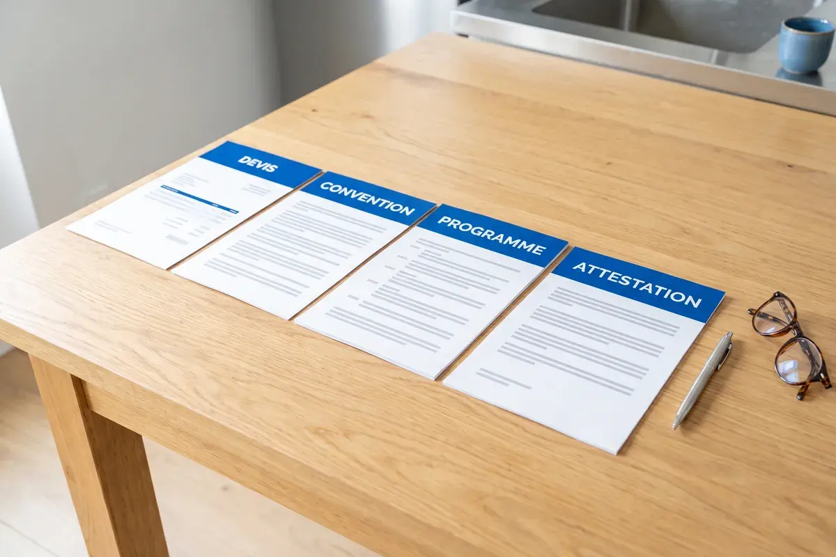 Devis, convention de formation, programme et attestation posés côte à côte sur une table