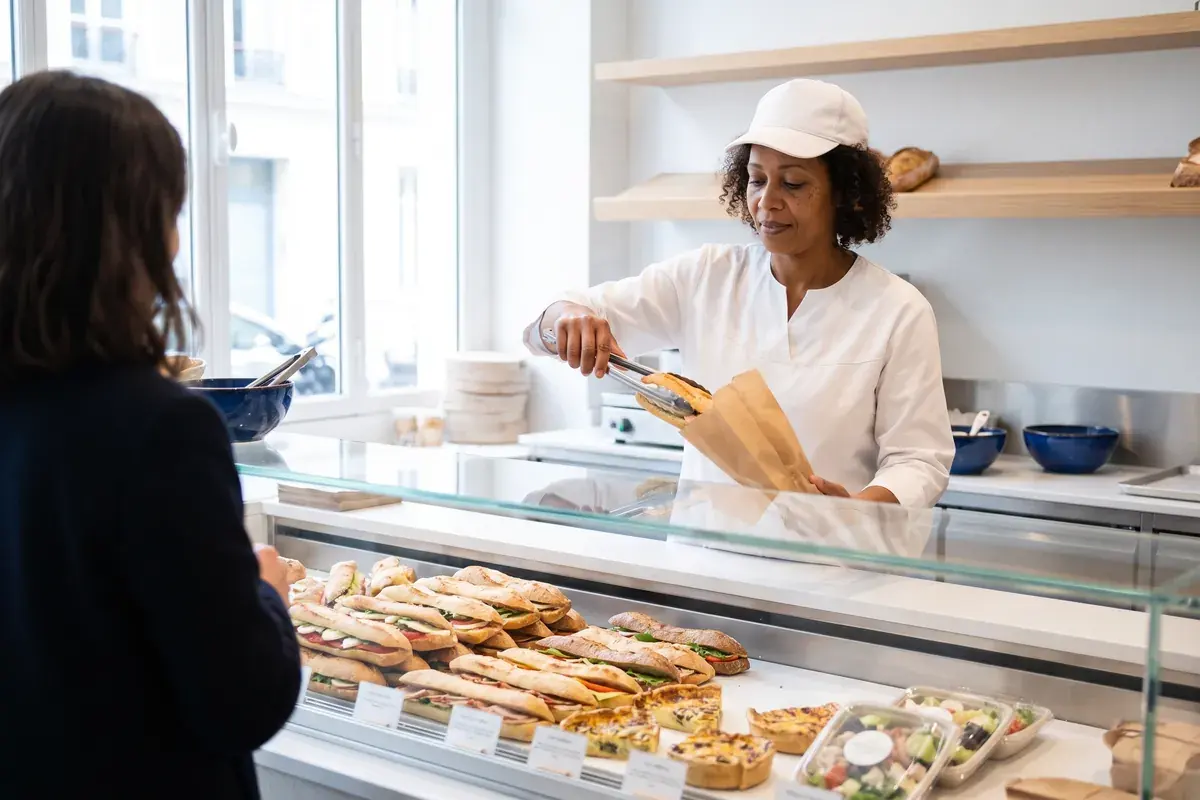 Cuisinière servant un sandwich à la pince derrière la vitrine réfrigérée d'une boulangerie traiteur
