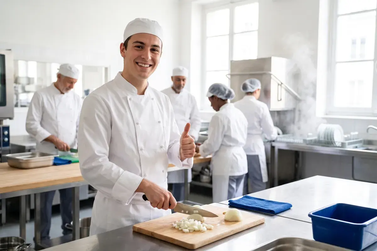 Découpe d'un oignon au plan de travail et plonge en arrière-plan, dans une cuisine professionnelle