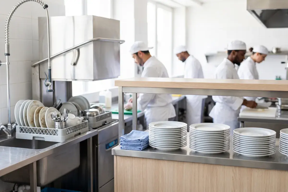 Croisement des flux en cuisine : bac de vaisselle sale d'un côté, assiettes propres de l'autre