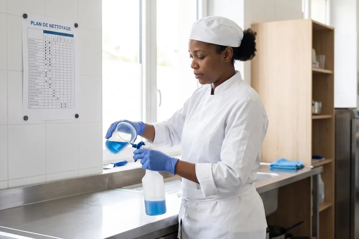 Dosage d'un produit désinfectant devant le plan de nettoyage affiché au mur de la cuisine