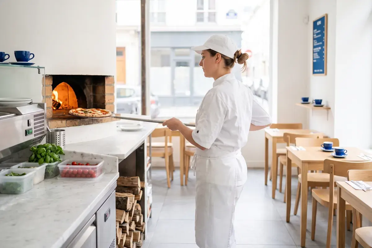 Cuisinière enfournant une pizza au four à bois dans la salle d'un restaurant